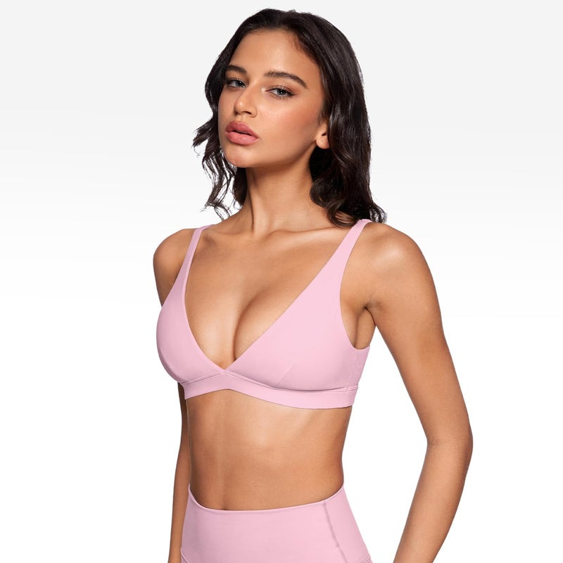 INGIA Womens Deep V-Neck Sports Bra Padded Low Impact Fitness Yoga Bra U Back Wireless Workout Bra Contour Crop Top Milk Pink Small - Image 4