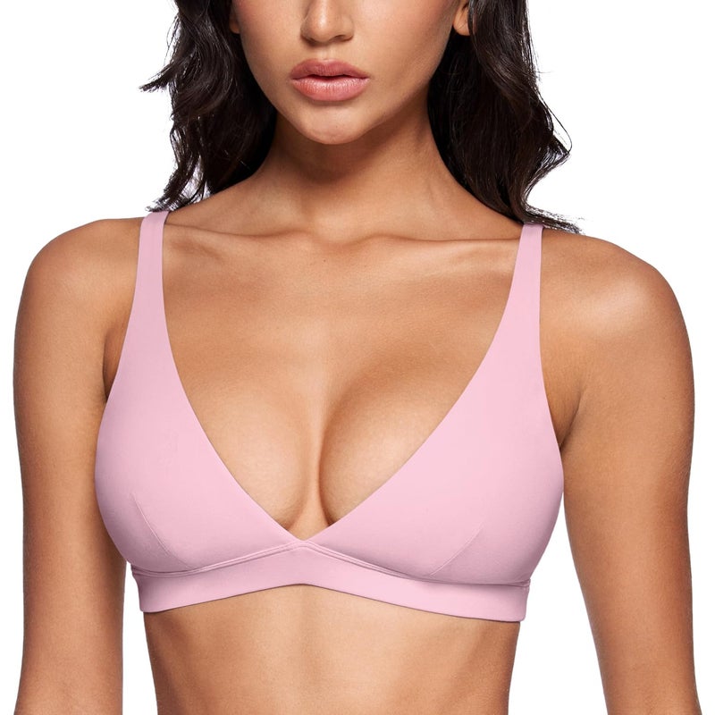 INGIA Womens Deep V-Neck Sports Bra Padded Low Impact Fitness Yoga Bra U Back Wireless Workout Bra Contour Crop Top Milk Pink Small - Image 1