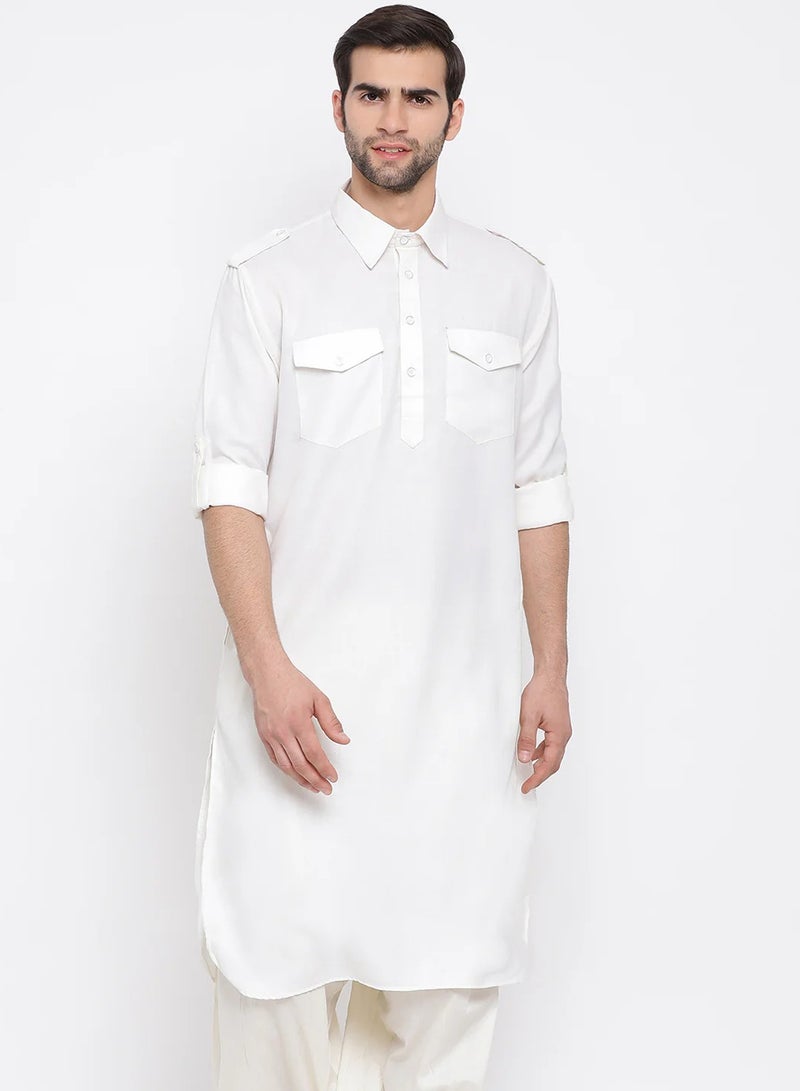 PRASHA Men's Cream Cotton Blend Pathani Kurta