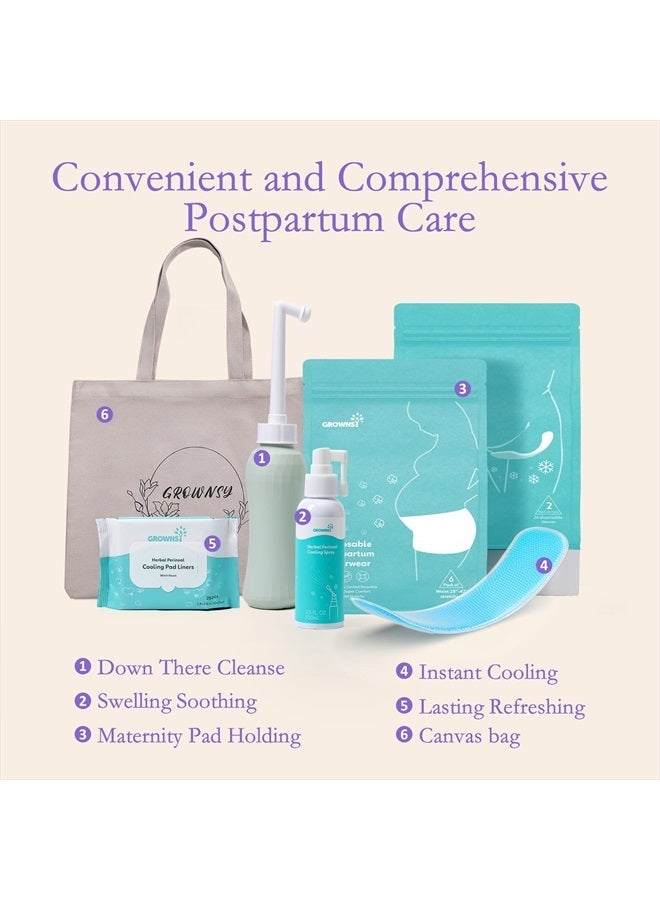 GROWNSY مجموعة Grownsy Postpartum Recovery Essentials للتعافي بعد الولادة، مجموعة شاملة لما بعد الولادة تتضمن زجاجة PERI، ورذاذ تبريد عشبي، وبطانات تبريد عشبية، وأكياس ساخنة وباردة، وملابس داخلية يمكن التخلص منها - Image 2