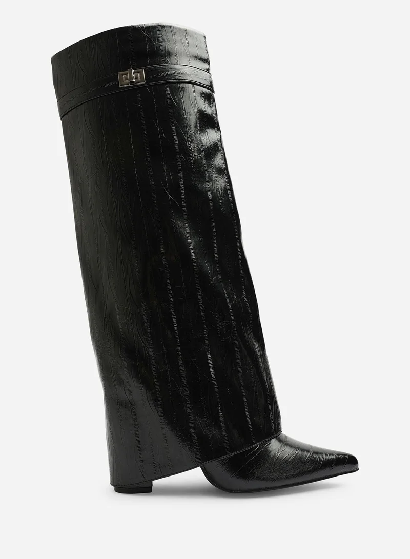 Where's That From Keira Fold Over Shark Block Heel Point Toe Boots
