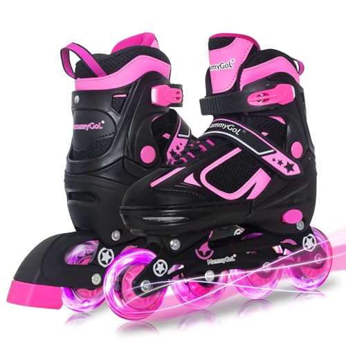MammyGol Adjustable Inline Skates for Girls Kids Boys Youth with Light up Wheels, Rose Red Beginner Blades Roller Skates for Boys Size 1 2 3 4 Ages 4-12 - Image 1