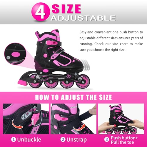 MammyGol Adjustable Inline Skates for Girls Kids Boys Youth with Light up Wheels, Rose Red Beginner Blades Roller Skates for Boys Size 1 2 3 4 Ages 4-12 - Image 4
