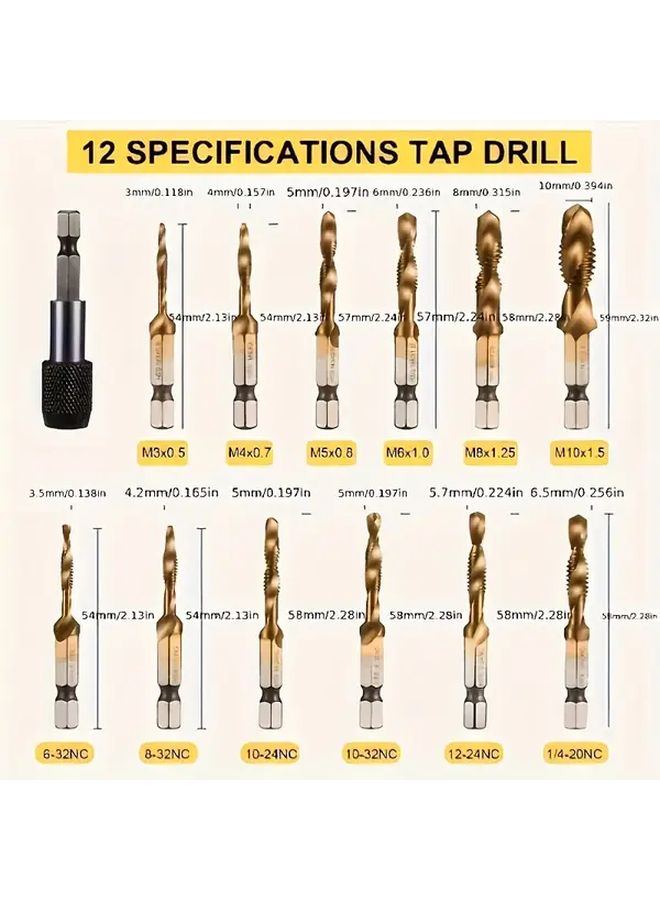 13pcs Titanium Drill and Tap Bit Set with Quick Change Adapter Metric 3 in 1 Tool - Image 4
