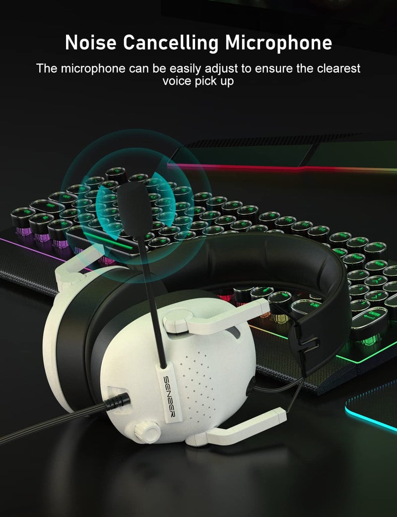 SENZER SG500 Surround Sound Pro Gaming Headset with Noise Cancelling Microphone - Soft Memory Foam Padding - Portable Foldable Headphones for PC, PS4, PS5, Xbox One, Switch - White - Image 5