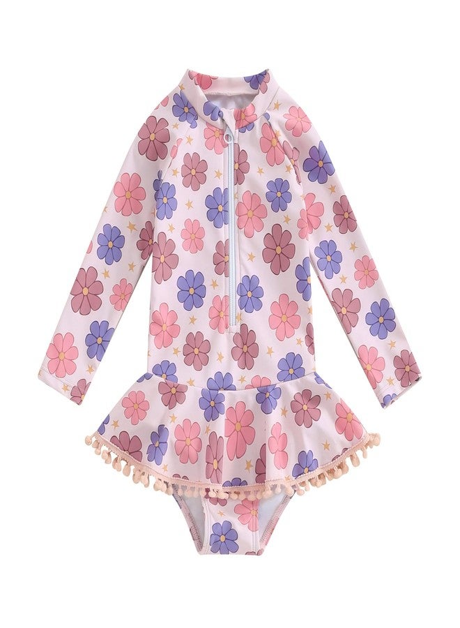 Yccutest Toddler Floral Bathing Suit Girls Long Sleeve Zipper Ruffle Tassel One Piece Swimsuit Kids Rash Guard Swimwear Beach (Pink, 3-4 Years) - Image 1