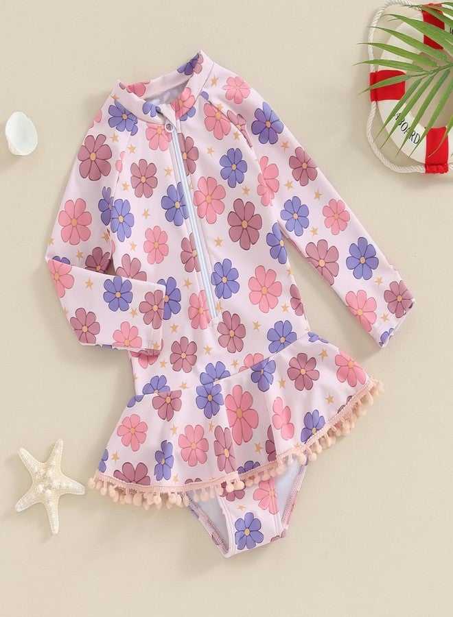 Yccutest Toddler Floral Bathing Suit Girls Long Sleeve Zipper Ruffle Tassel One Piece Swimsuit Kids Rash Guard Swimwear Beach (Pink, 3-4 Years) - Image 3