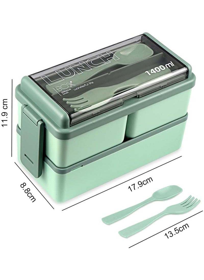 ROEIEIS Bento Box for kids and Adult, All-in-One Stackable Lunch Box with 3 Compartments, 2 Layers Bento lunch box Containers with Utensil Set, Microwave and Dishwasher Safe (Green)  - Image 5