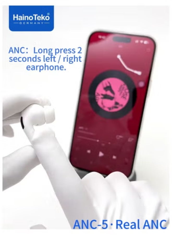 HainoTeko 🎧 Haino Teko ANC-5 Bluetooth Earphone White with Real Active Noise Cancellation | Deep Bass & High-Quality Sound | Smart Touch Controls & HD Microphone for Clear Calls | Comfortable, Secure Fit for All-Day Wear | Compatible with Android Mobiles & Tablets - Image 4
