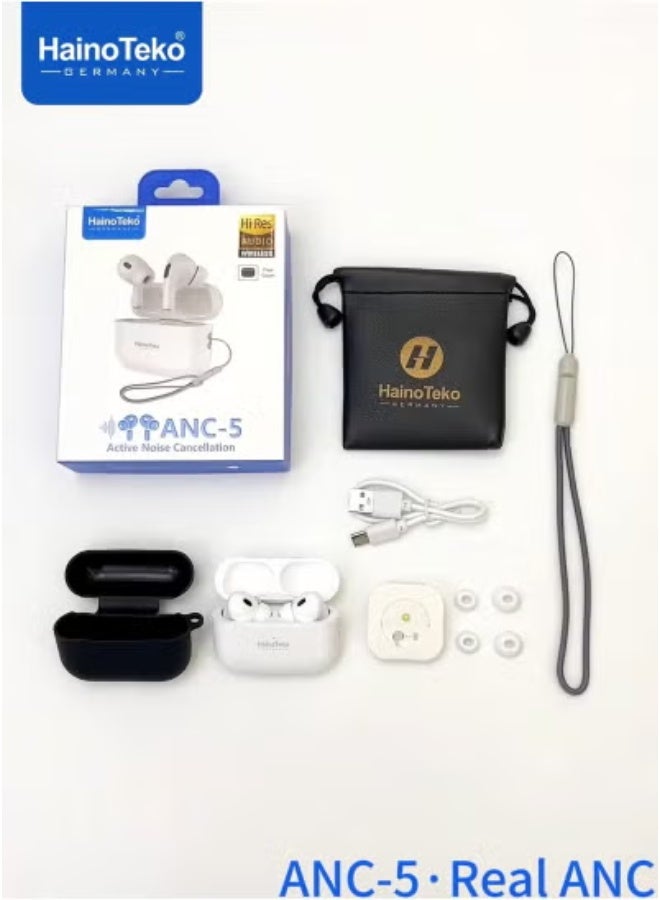 HainoTeko 🎧 Haino Teko ANC-5 Bluetooth Earphone White with Real Active Noise Cancellation | Deep Bass & High-Quality Sound | Smart Touch Controls & HD Microphone for Clear Calls | Comfortable, Secure Fit for All-Day Wear | Compatible with Android Mobiles & Tablets - Image 2