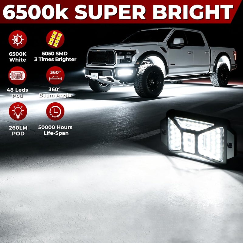 20 وحدة من أضواء White Rock، تحتوي كل وحدة على 48 مصباح LED بلون أبيض نقي (6500K)، سطوع عالي جدًا، مقاومة للماء (IP67)، شعاع واسع 360 درجة، مخصصة للمركبات الشاحنة، السيارات الرياضية الكبيرة (SUV)، مركبات الجر (UTV)، وسائل النقل البرية الرياضية (ATV)، والقوارب (محمية ببراءة اختراع). - Image 2