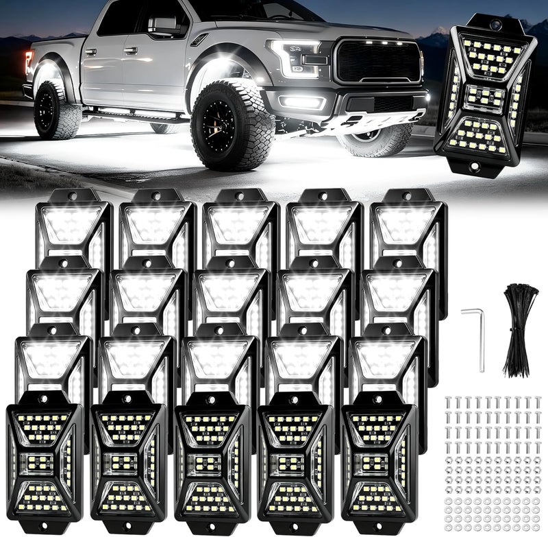 20 وحدة من أضواء White Rock، تحتوي كل وحدة على 48 مصباح LED بلون أبيض نقي (6500K)، سطوع عالي جدًا، مقاومة للماء (IP67)، شعاع واسع 360 درجة، مخصصة للمركبات الشاحنة، السيارات الرياضية الكبيرة (SUV)، مركبات الجر (UTV)، وسائل النقل البرية الرياضية (ATV)، والقوارب (محمية ببراءة اختراع). - Image 1
