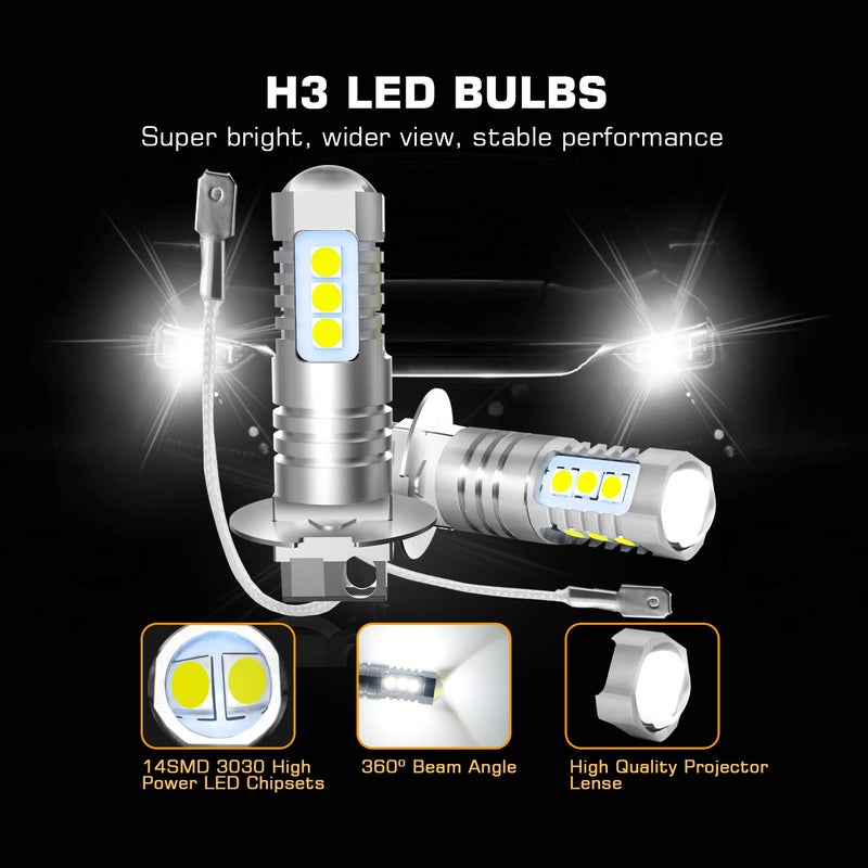 BRISHINE H3 LED Fog Light Bulbs 6000K Xenon White, Extremely Bright 3030 Chips H3 LED Bulbs with Projector for Car Fog Lights, Daytime Running Lights DRL(Pack of 2) - Image 4