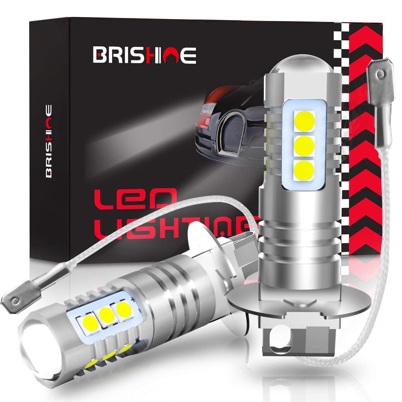 BRISHINE H3 LED Fog Light Bulbs 6000K Xenon White, Extremely Bright 3030 Chips H3 LED Bulbs with Projector for Car Fog Lights, Daytime Running Lights DRL(Pack of 2) - Image 1