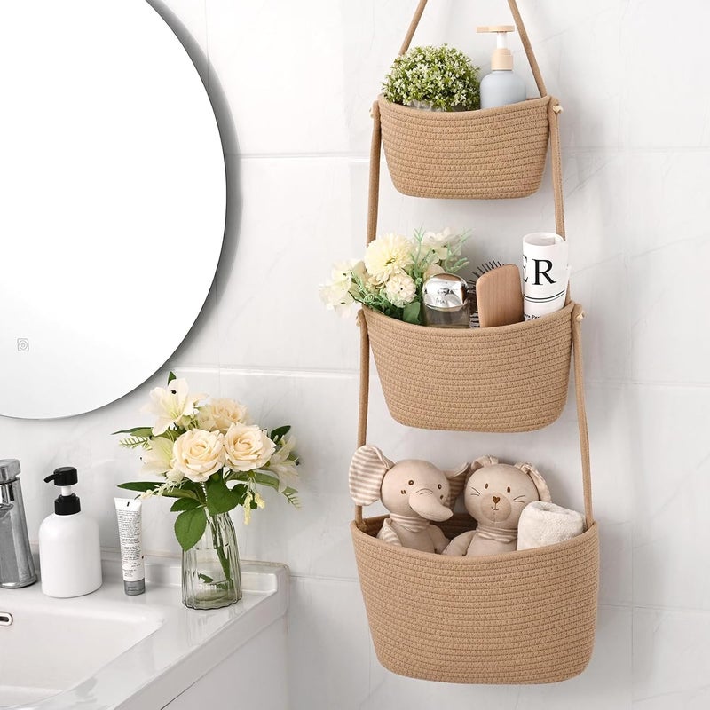 Degeyoyo Hanging Storage Baskets, 3-Tier Over the Door Basket, Cotton Wall Baskets Storage, Detachable Hanging Door Basket with 4 Hooks, Over the Door Organizer Nursery for Bedroom, Living Room, Bathroom Wall - Image 4