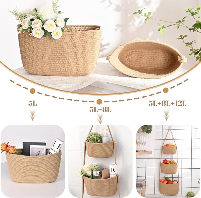 Degeyoyo Hanging Storage Baskets, 3-Tier Over the Door Basket, Cotton Wall Baskets Storage, Detachable Hanging Door Basket with 4 Hooks, Over the Door Organizer Nursery for Bedroom, Living Room, Bathroom Wall - Image 5