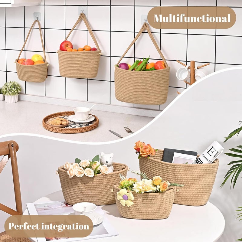 Degeyoyo Hanging Storage Baskets, 3-Tier Over the Door Basket, Cotton Wall Baskets Storage, Detachable Hanging Door Basket with 4 Hooks, Over the Door Organizer Nursery for Bedroom, Living Room, Bathroom Wall - Image 3