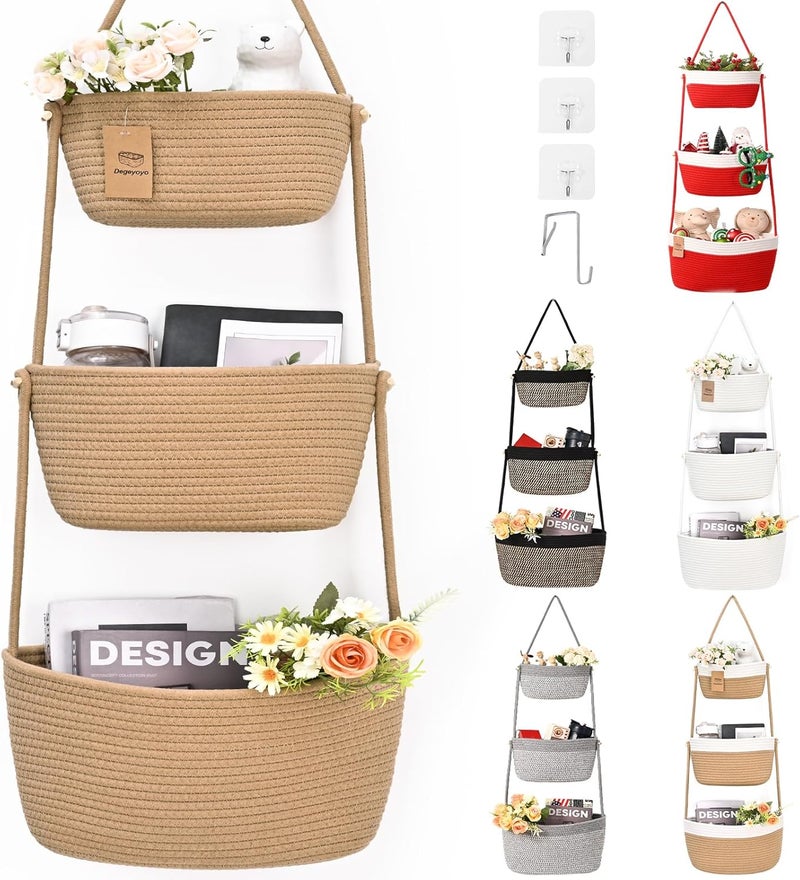 Degeyoyo Hanging Storage Baskets, 3-Tier Over the Door Basket, Cotton Wall Baskets Storage, Detachable Hanging Door Basket with 4 Hooks, Over the Door Organizer Nursery for Bedroom, Living Room, Bathroom Wall - Image 1