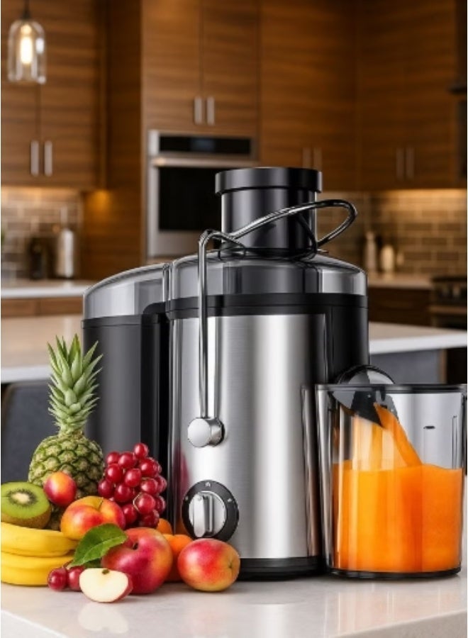 An 800-watt, 600ml electric fruit and vegetable juicer. The wide feed chute makes it easy to add fruits and vegetables. Easy to clean, made of stainless steel. - Image 1