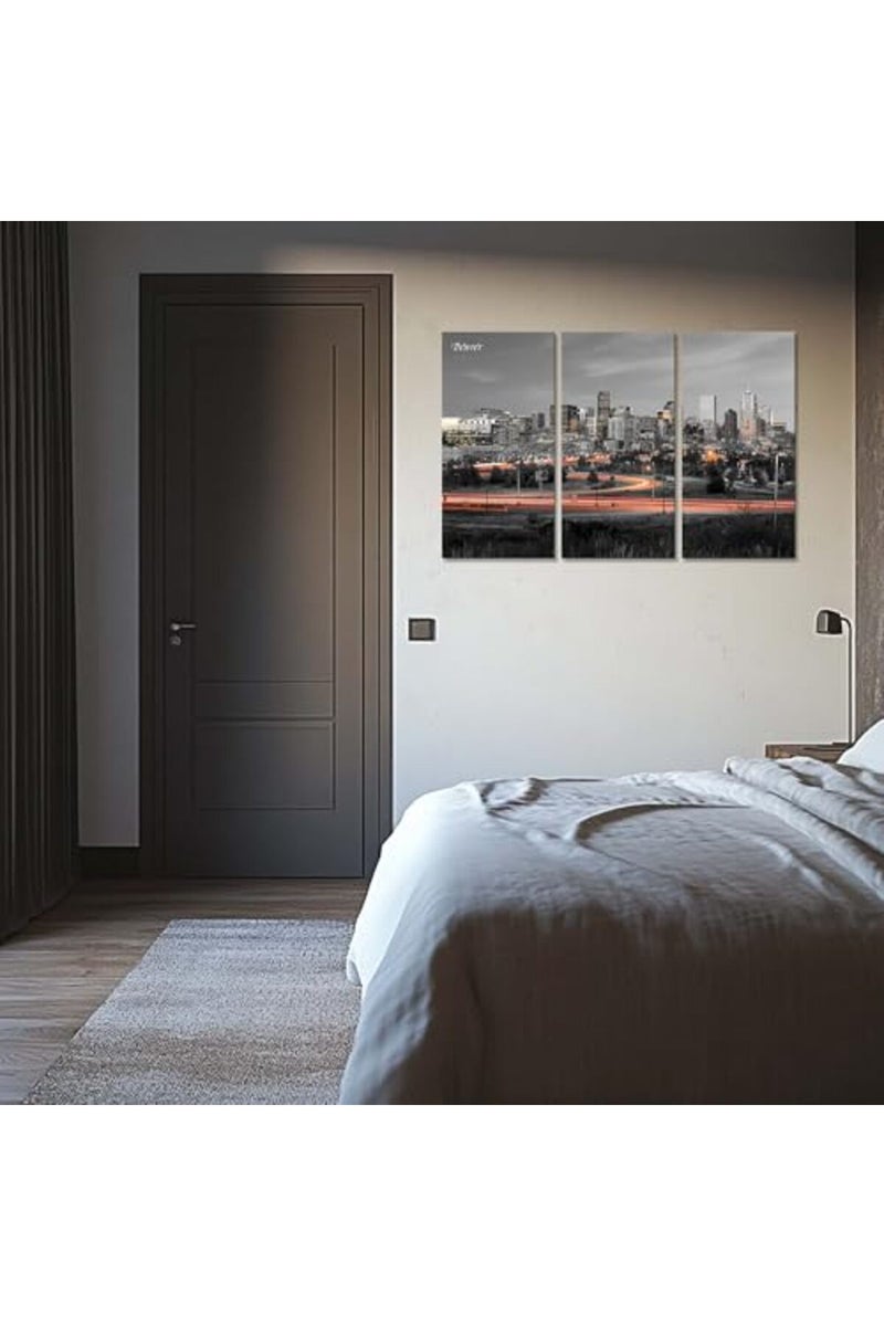 Artbrush Tower Colorado skyline Wall Art Denver Night View Wall Decor Framed Black and White City Canvas Print Picture Living Room Home Poster Painting Decoration Artwork 3 Panel Ready to Hang - Image 2
