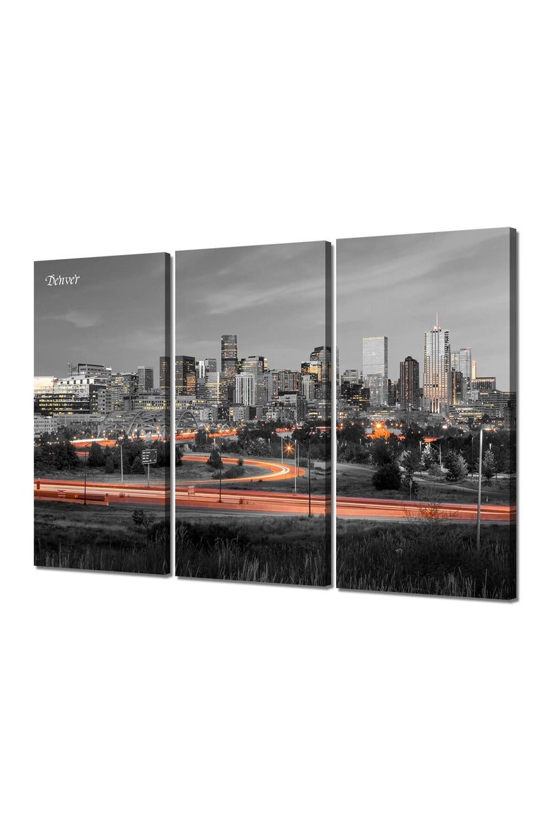 Artbrush Tower Colorado skyline Wall Art Denver Night View Wall Decor Framed Black and White City Canvas Print Picture Living Room Home Poster Painting Decoration Artwork 3 Panel Ready to Hang - Image 1