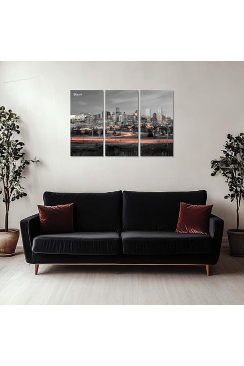 Artbrush Tower Colorado skyline Wall Art Denver Night View Wall Decor Framed Black and White City Canvas Print Picture Living Room Home Poster Painting Decoration Artwork 3 Panel Ready to Hang - Image 3