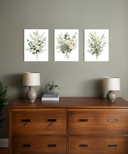 Zessonic Sage Green Botanical Wall Art, Watercolor Framed Canvas Prints Modern Green Plant White Floral Decor for Bedroom Living Room Bathroom Nursery, Set of 3, 12x16 Inch - Ready to Hang - Image 2
