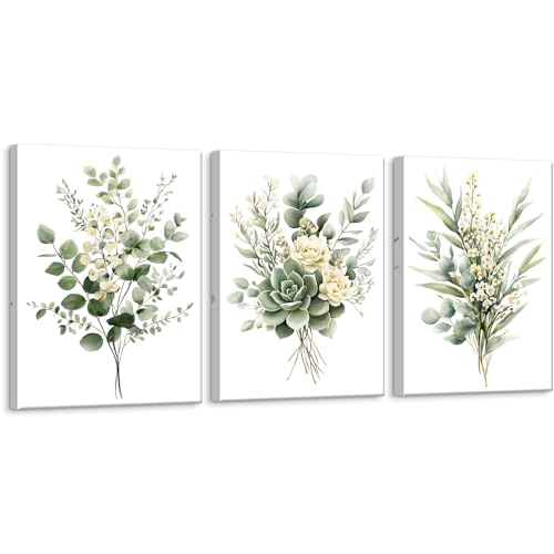 Zessonic Sage Green Botanical Wall Art, Watercolor Framed Canvas Prints Modern Green Plant White Floral Decor for Bedroom Living Room Bathroom Nursery, Set of 3, 12x16 Inch - Ready to Hang - Image 1