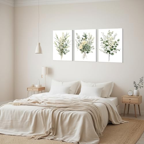 Zessonic Sage Green Botanical Wall Art, Watercolor Framed Canvas Prints Modern Green Plant White Floral Decor for Bedroom Living Room Bathroom Nursery, Set of 3, 12x16 Inch - Ready to Hang - Image 4