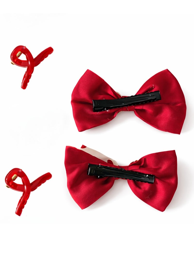 طقم إكسسوارات شعر بناتي – ٢ مشبك فيونكة كريز + ٢ قفاش صغير أحمر - Image 2