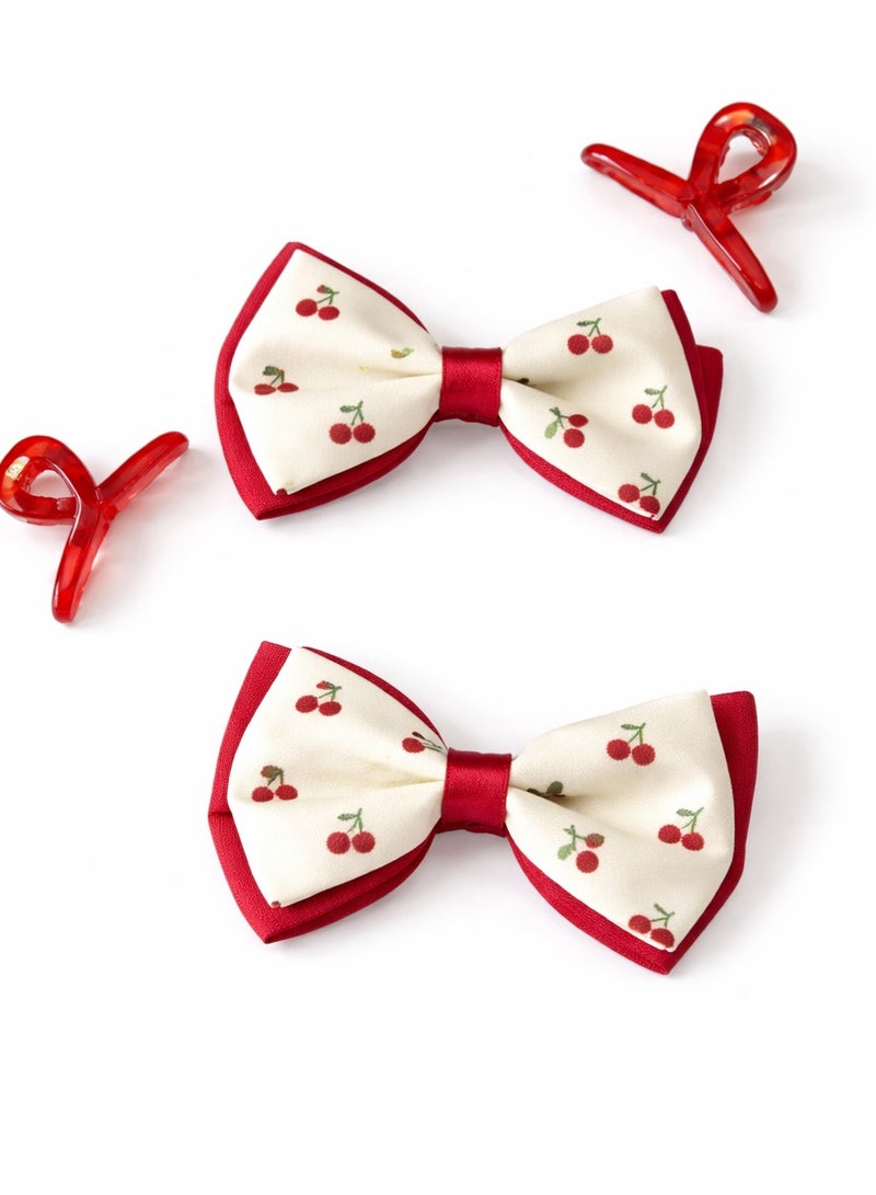 طقم إكسسوارات شعر بناتي – ٢ مشبك فيونكة كريز + ٢ قفاش صغير أحمر - Image 1