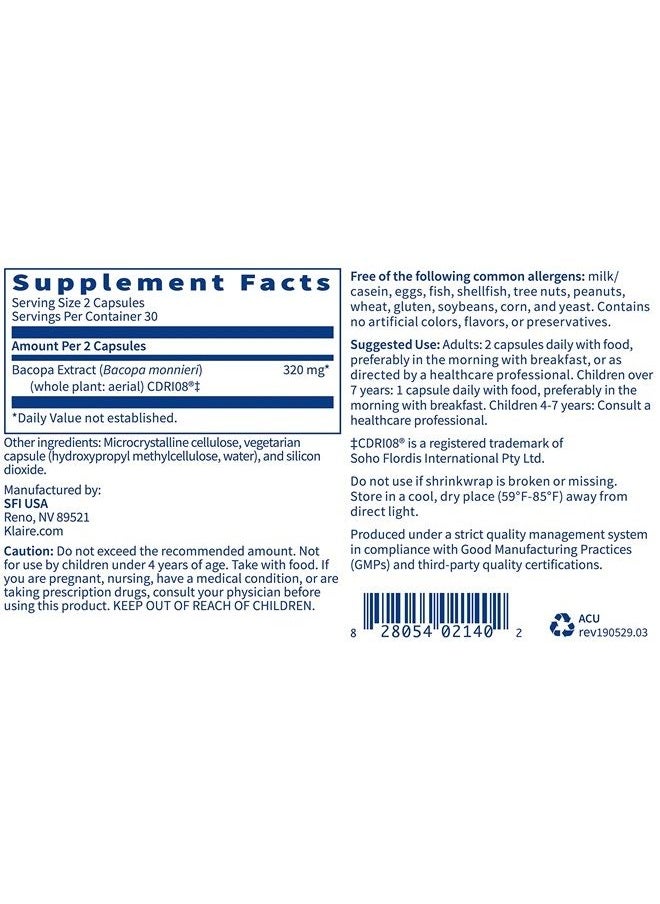 Acumen - Cognitive Support Supplement with Bacopa Monnieri Extract - Memory Support - Gluten-Free & Hypoallergenic Bacopa Capsules for Adults & Kids 7+ (60 Capsules)