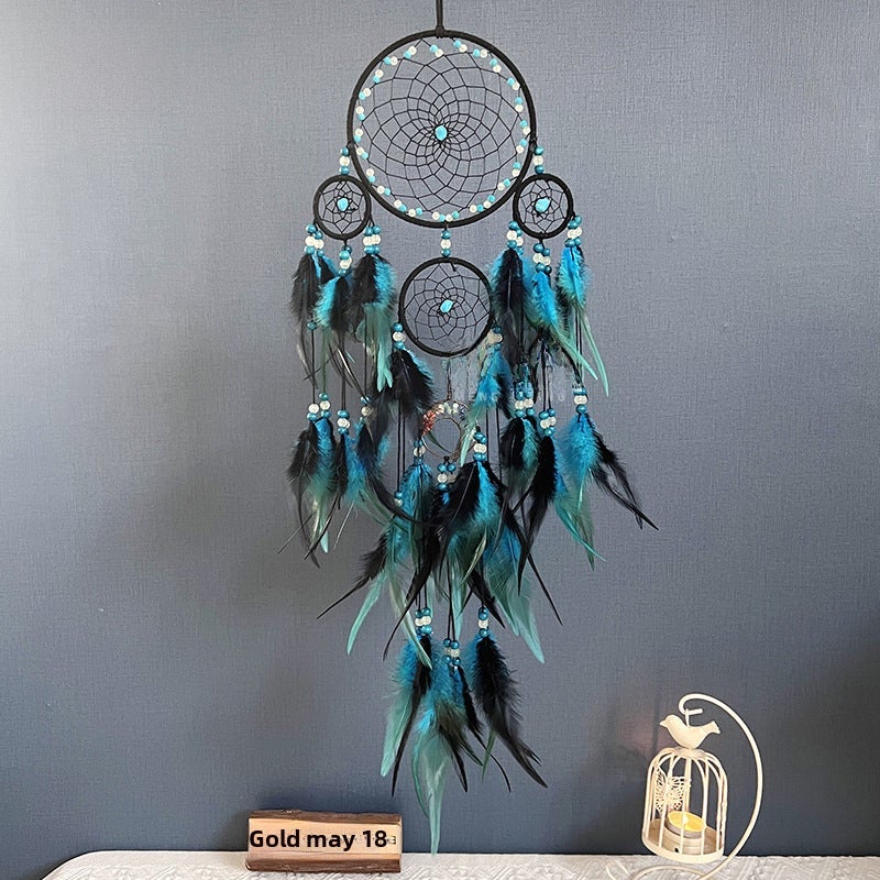 Dreamcatcher Wind Chime with Night Glow Crystals Black and blue five-circle crystal-finished product