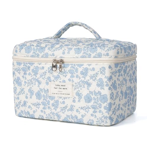 honitty Makeup Bag,Quilted Cosmetic Bags,Large Floral Make Up Bags for Women, Makeup Organize,Flower Travel Toiletry Bag - Image 1
