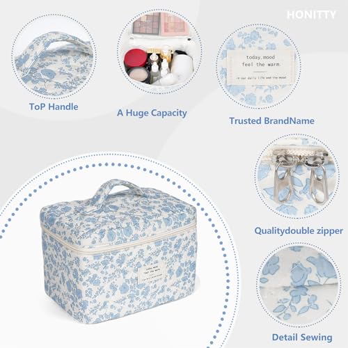 honitty Makeup Bag,Quilted Cosmetic Bags,Large Floral Make Up Bags for Women, Makeup Organize,Flower Travel Toiletry Bag - Image 3