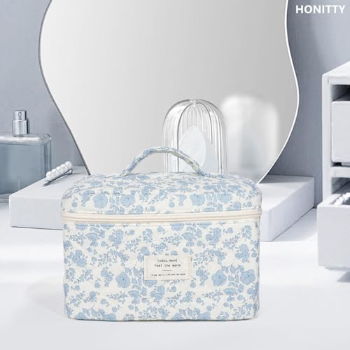 honitty Makeup Bag,Quilted Cosmetic Bags,Large Floral Make Up Bags for Women, Makeup Organize,Flower Travel Toiletry Bag - Image 5