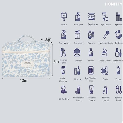 honitty Makeup Bag,Quilted Cosmetic Bags,Large Floral Make Up Bags for Women, Makeup Organize,Flower Travel Toiletry Bag - Image 2