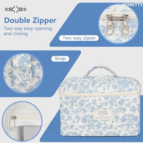 honitty Makeup Bag,Quilted Cosmetic Bags,Large Floral Make Up Bags for Women, Makeup Organize,Flower Travel Toiletry Bag - Image 4