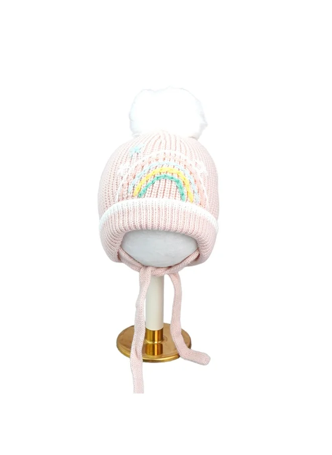 LITTLE SURPRISE BOX Pink Embroidered Rainbow Knitted Woolen Winter Cap/ Beanie For Kids.