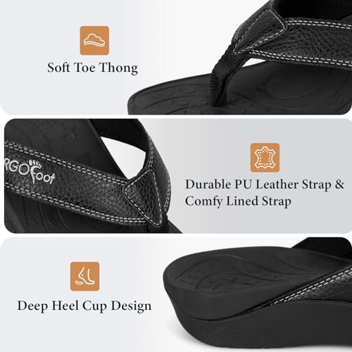 ERGOfoot Orthotic Flip Flops with Arch Support, PU Thong Sandals Walking Comfort with Orthopedic Support for Plantar Fasciitis Flat Feet, Beach Slippers for Women Men/Black - Image 3