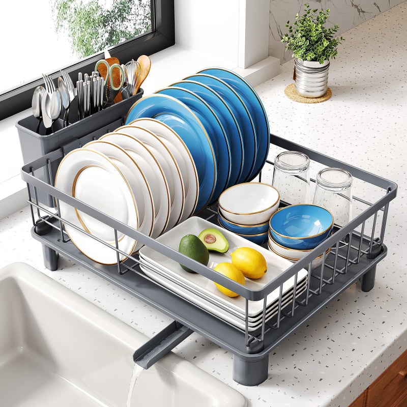 SNTD Dish Drying Rack - Small Dish Rack for Kitchen Counter, Stainless Steel Dish Drainer with Utensil Holder and Drainboard, 11" W x 15" L (Grey) - Image 1