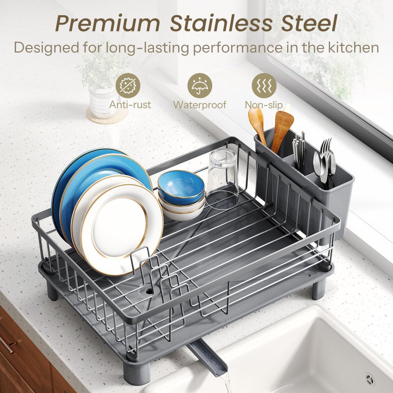 SNTD Dish Drying Rack - Small Dish Rack for Kitchen Counter, Stainless Steel Dish Drainer with Utensil Holder and Drainboard, 11" W x 15" L (Grey) - Image 5