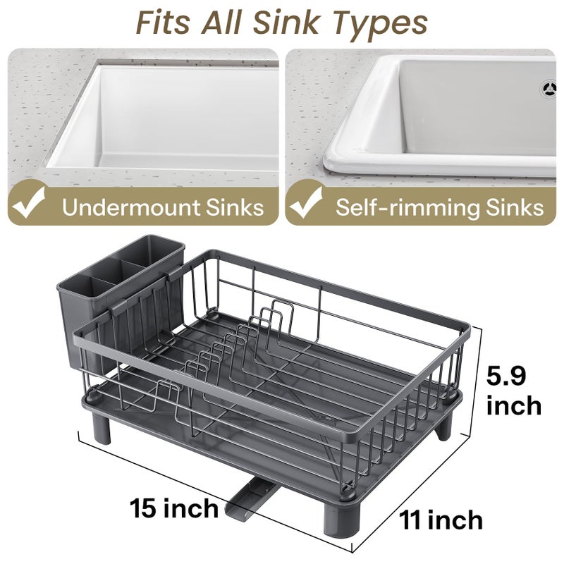SNTD Dish Drying Rack - Small Dish Rack for Kitchen Counter, Stainless Steel Dish Drainer with Utensil Holder and Drainboard, 11" W x 15" L (Grey) - Image 2