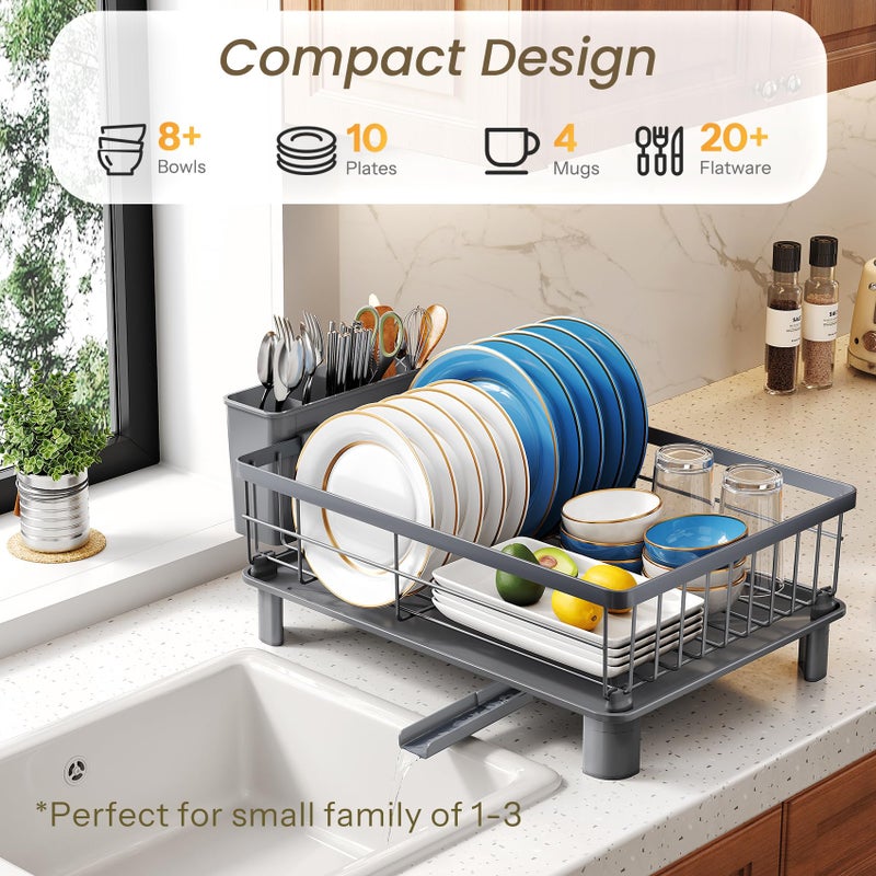 SNTD Dish Drying Rack - Small Dish Rack for Kitchen Counter, Stainless Steel Dish Drainer with Utensil Holder and Drainboard, 11" W x 15" L (Grey) - Image 3