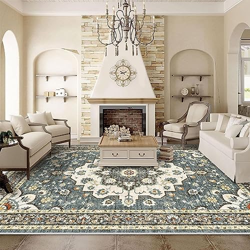 TOPRUUG Washable Oriental Area Rug - 9x12 Rugs for Living Room Soft Carpet for Bedroom Waterproof Floral Distressed Indoor Stain Resistant Non-Shedding Floor Carpets (Blue, 9x12) - Image 1