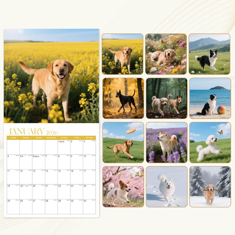 VALOME 2026 Calendar, Wall Calendar 2026, Dogs 12 Month Wall Calendars (Jan - Dec 2026) 12" x 24" Opened, Hanging Monthly Calendar Thick Paper for Kids Family Adults Office Home - Image 2