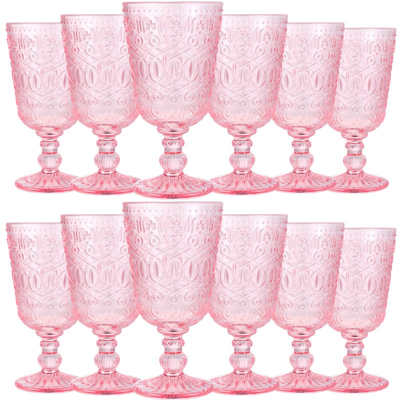 Eaasty Wine Glasses Set of 12 Vintage Goblet 9 oz Vintage Colored Glass Goblet Beverage Stemmed Glass Cups Romantic Embossed Glassware for Wedding Party Holidays Anniversary Pink