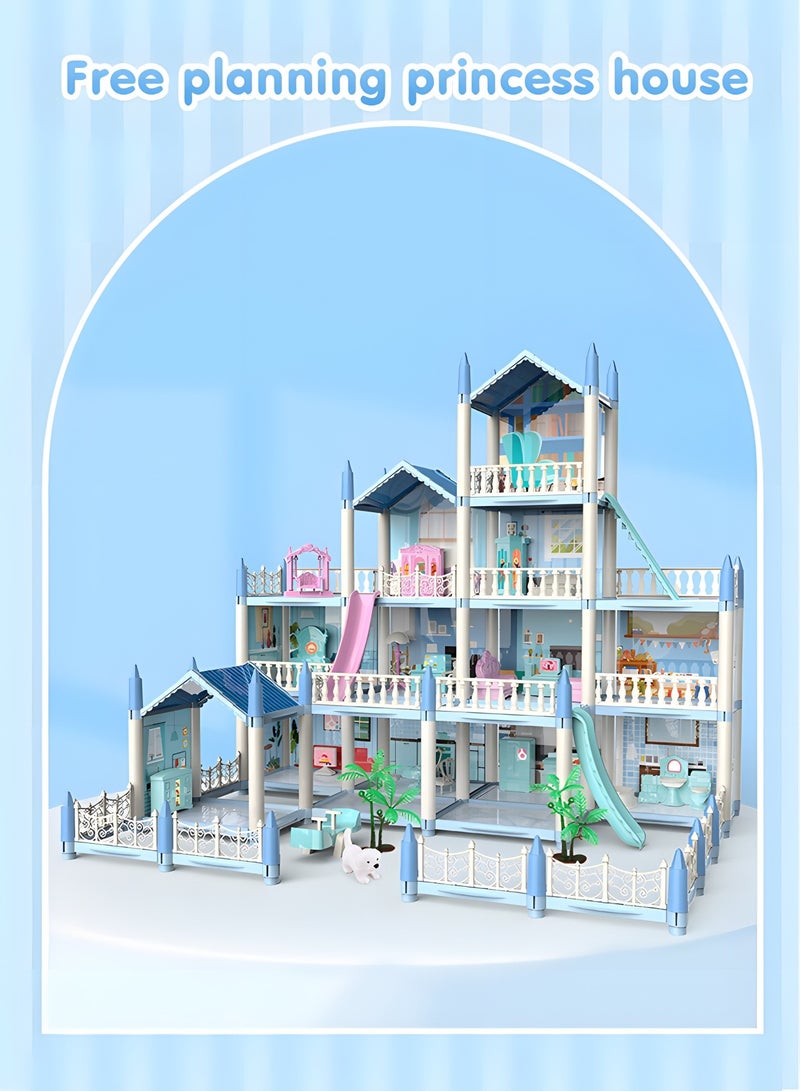 GROIC Dollhouse Dreamhouse Building Toys Figure Furniture, DIY House, Accessories, Pets,Movable Slides,Blue Play Dream House for Girls  - Image 3