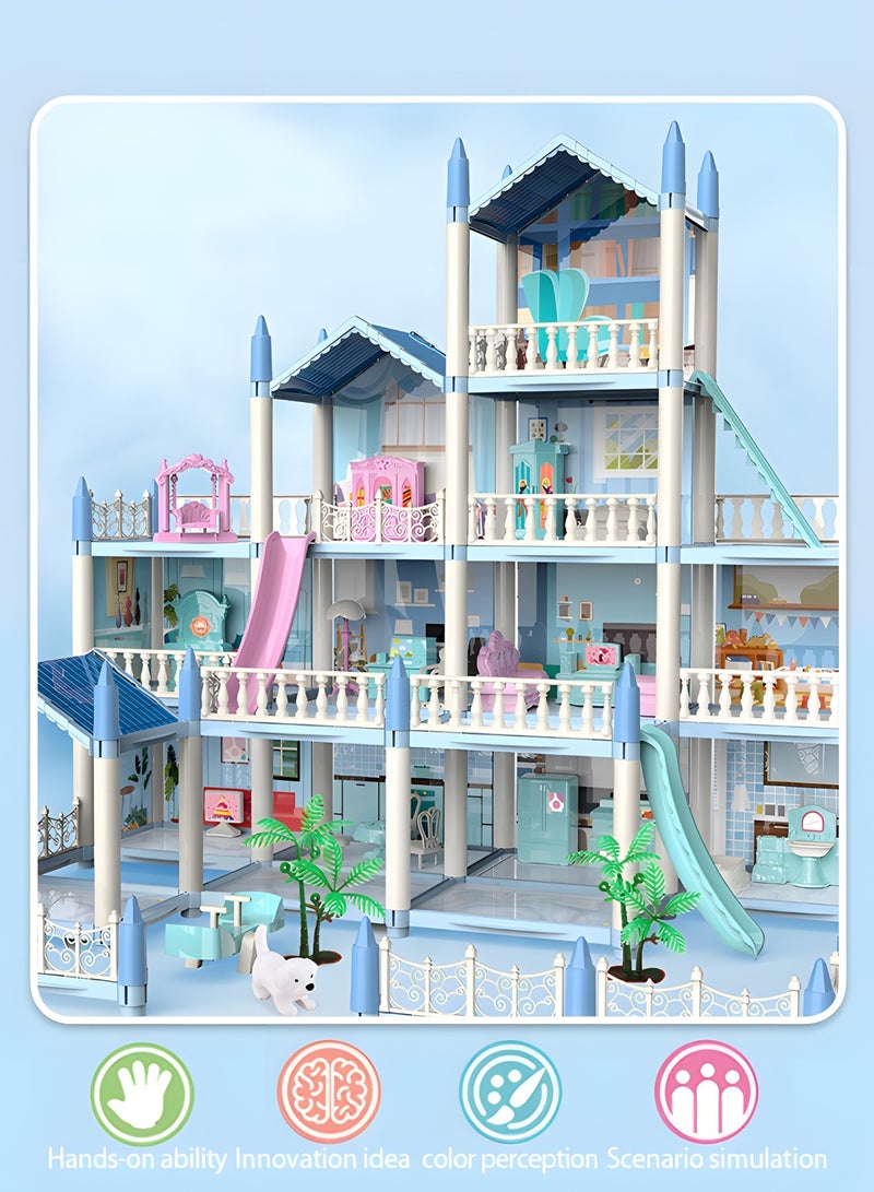 GROIC Dollhouse Dreamhouse Building Toys Figure Furniture, DIY House, Accessories, Pets,Movable Slides,Blue Play Dream House for Girls  - Image 5