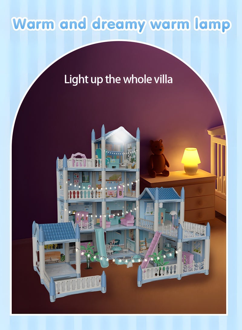 GROIC Dollhouse Dreamhouse Building Toys Figure Furniture, DIY House, Accessories, Pets,Movable Slides,Blue Play Dream House for Girls  - Image 2